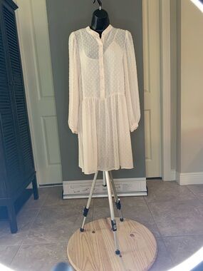 H&M Ivory Dot-Textured Long Sleeve Button Dress